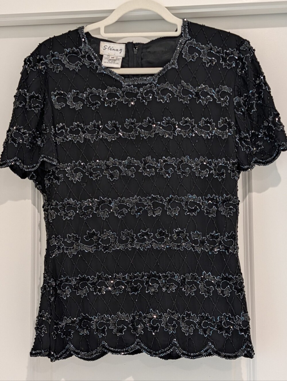 Vintage Stenay 100% Silk Black Beaded Scalloped Short Sleeve Top